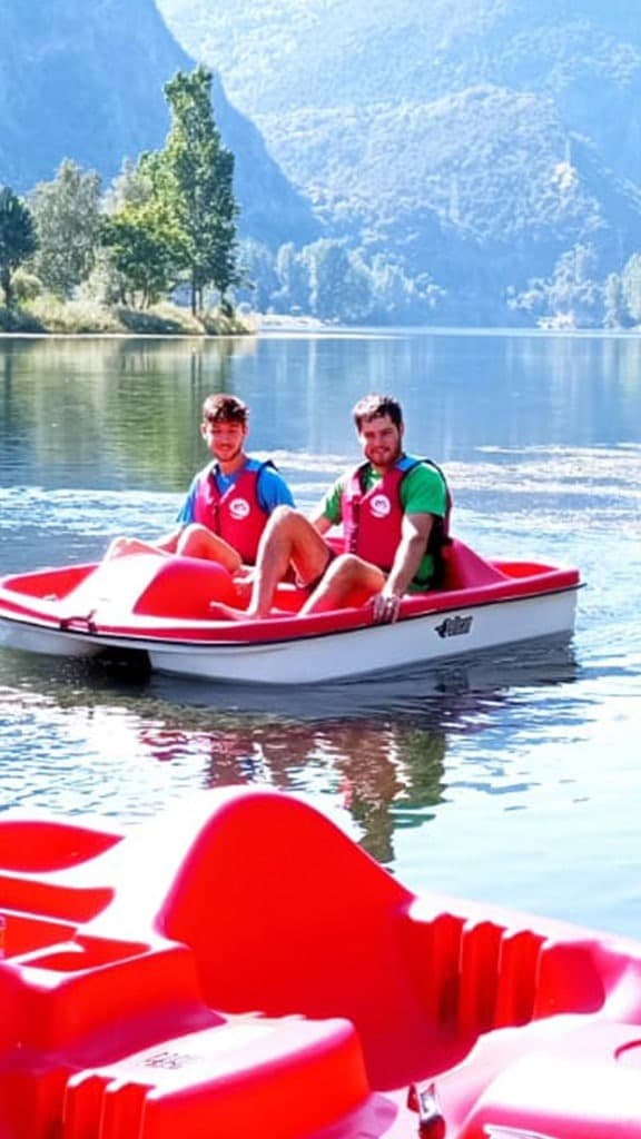 Grupo de niños lanzándose por el tobogán de un patín acuático de pedales en las aguas tranquilas del lago de La Torrassa.